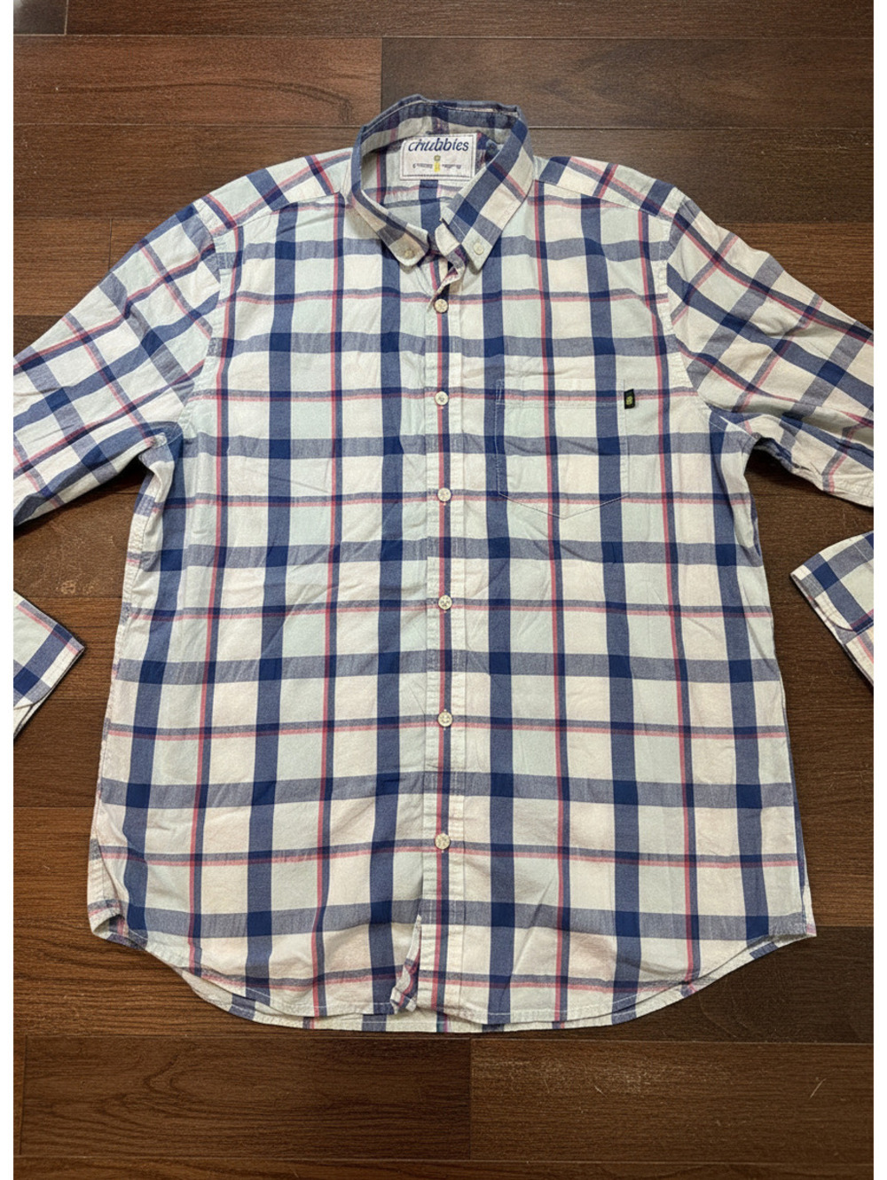 Chubbies Men's Large Button-Up Plaid Shirt Blue White Red Cotton Spandex